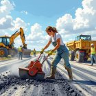 Woman Operating Roller on Construction Site with Workers