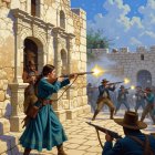 Gunfight at a historic stone fort with period clothing