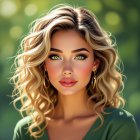 Young woman with curly blonde hair and green eyes