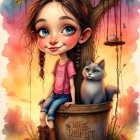 Whimsical Scene of Girl in Bucket Under a Tree