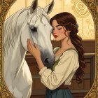 Young Woman and White Horse in Romantic Setting