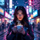 Young woman in neon-lit city street with petals