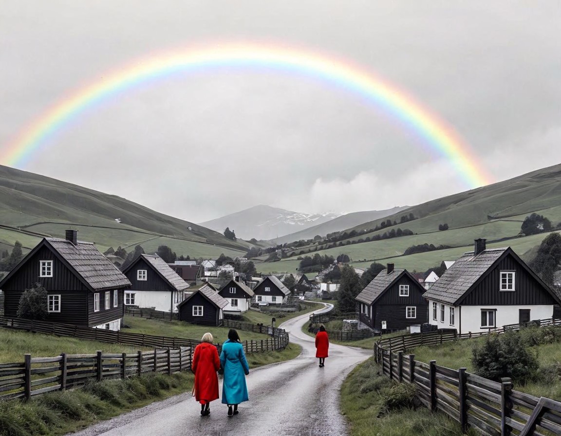 Women in Colorful Coats in a Scenic Rural Landscape