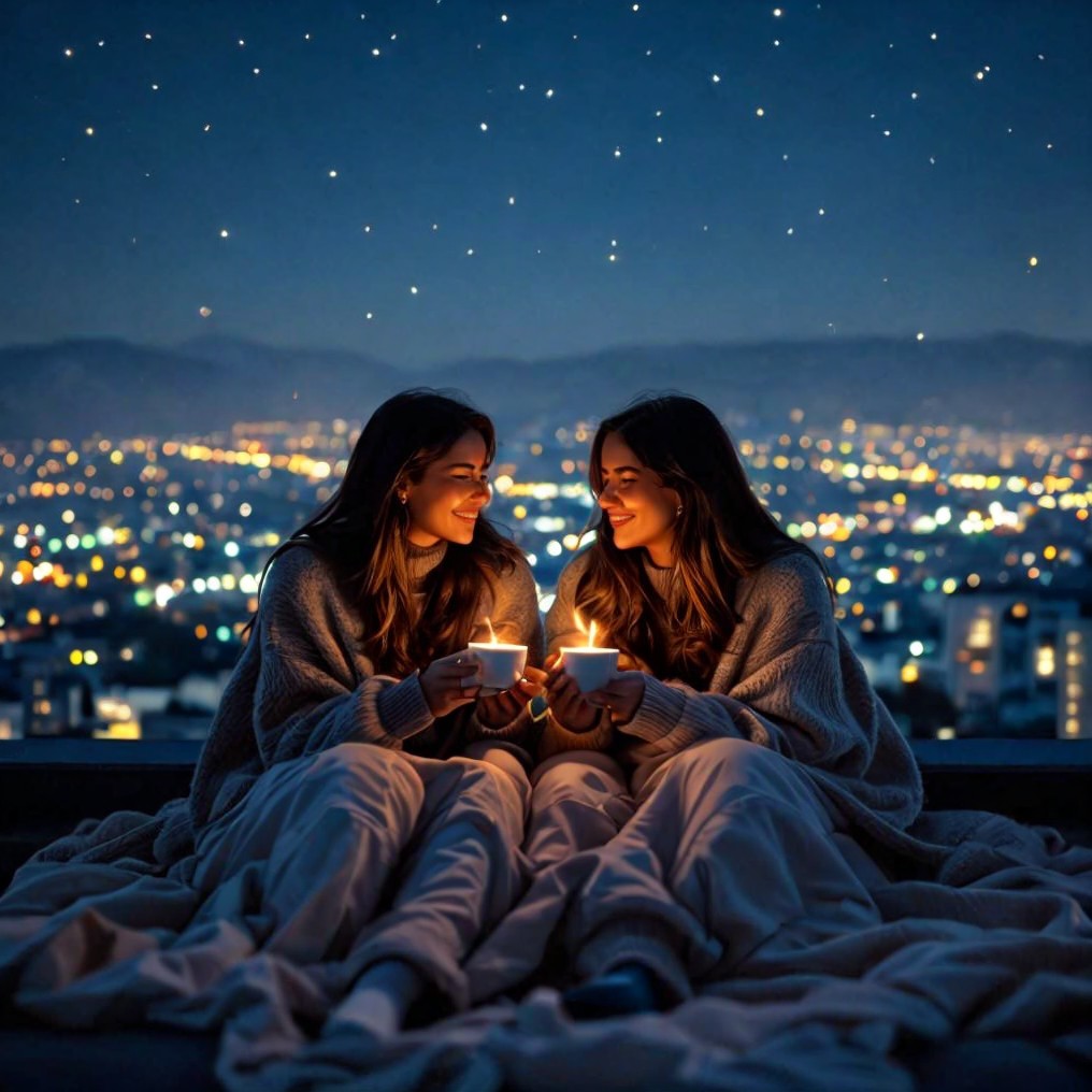 Cozy Night with Friends Under Starry Sky and City Lights