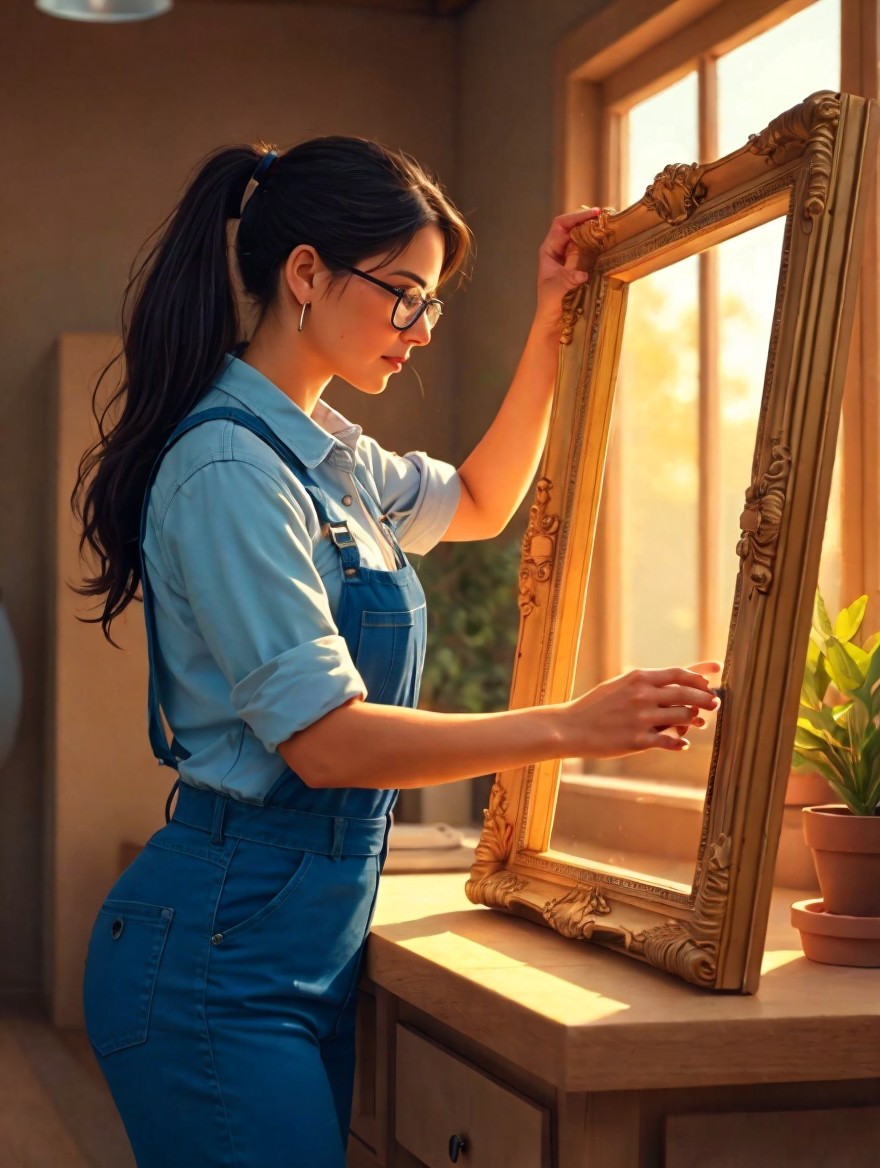 Young woman with golden frame by sunlit window
