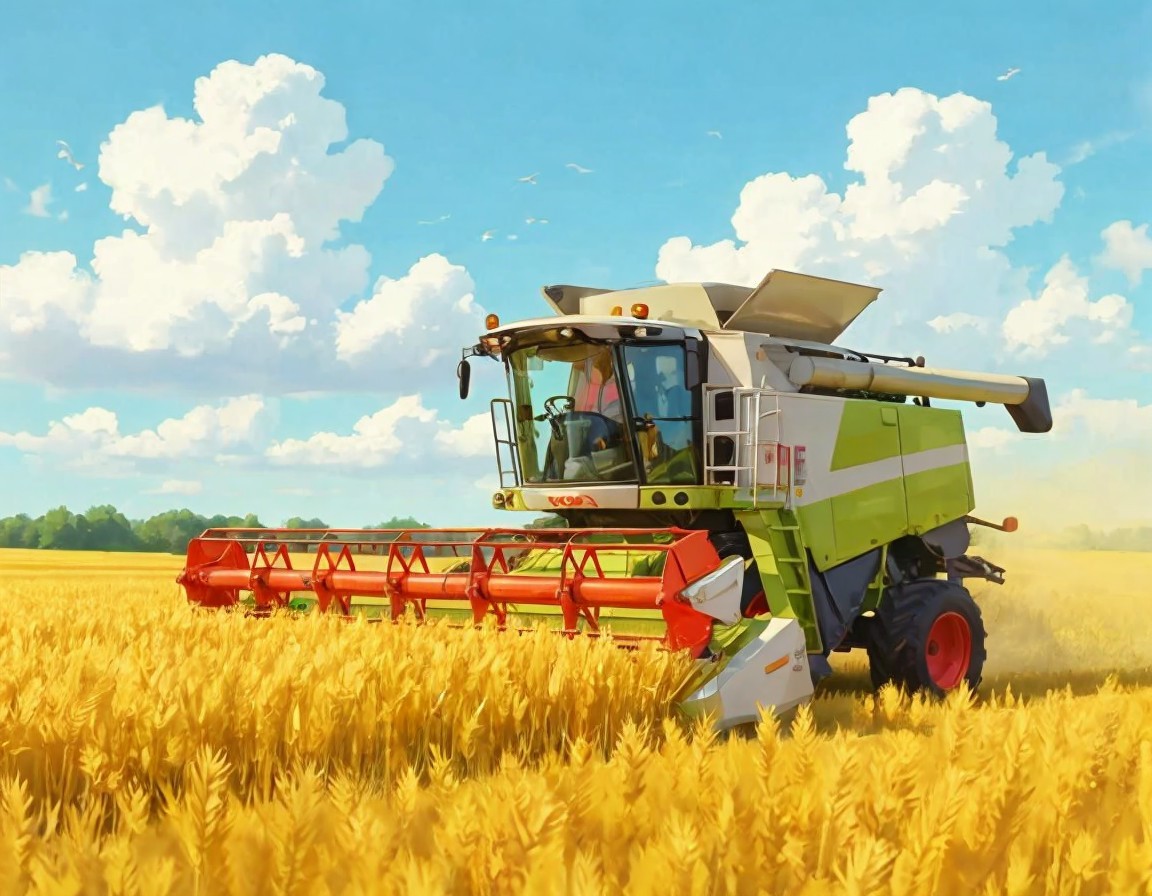 Modern Combine Harvester in Golden Wheat Fields