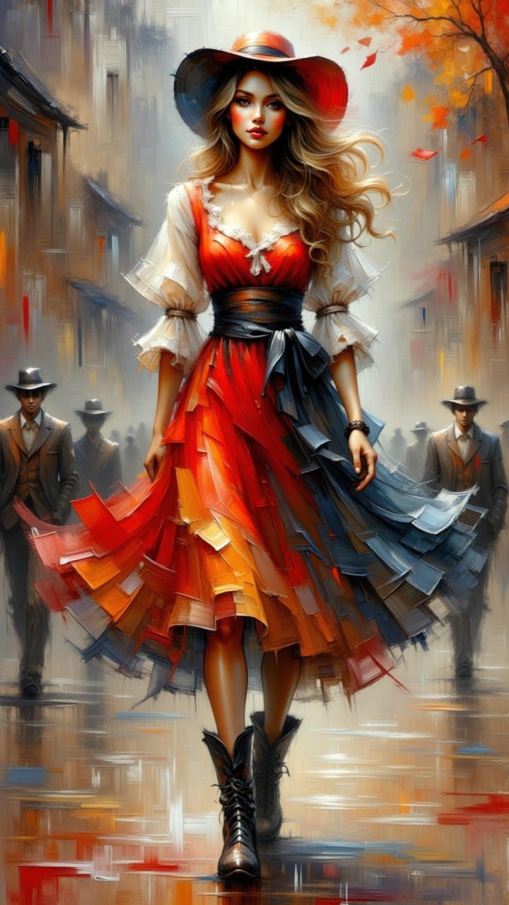 Elegant Woman in Vibrant Dress Surrounded by Suits