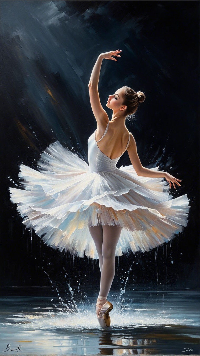 Ballerina in White Tutu Posed on Water Surface