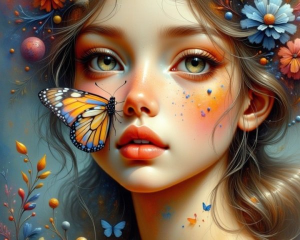 Surreal Portrait of a Girl with Flowers and Celestial Elements