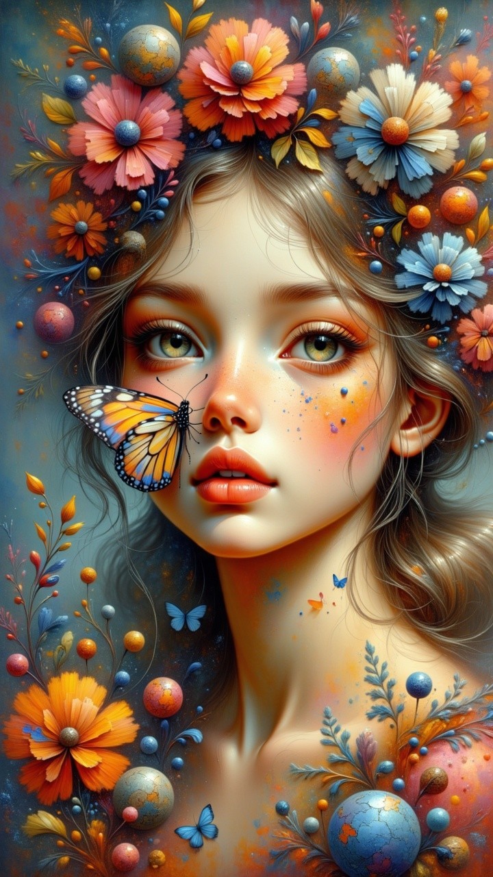 Surreal Portrait of a Girl with Flowers and Celestial Elements