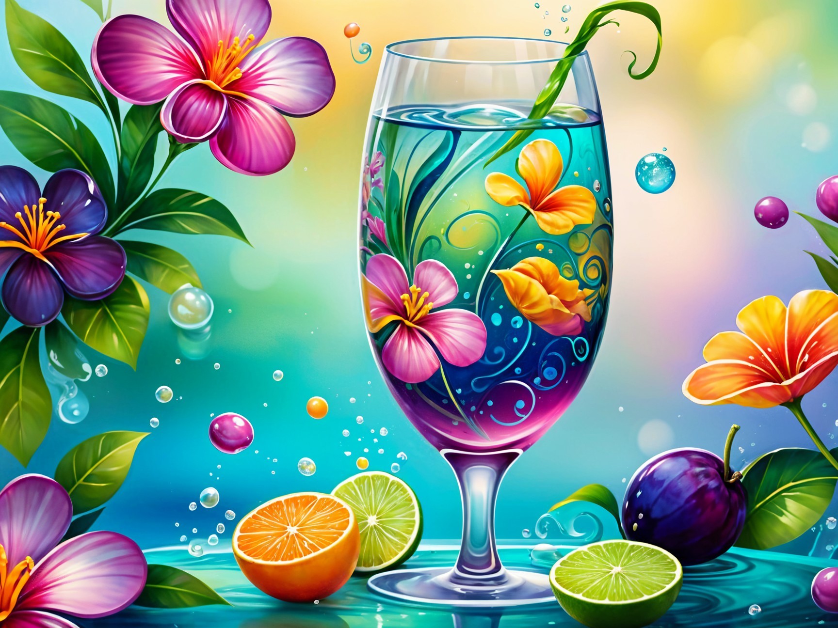 Vibrant Illustration of Blue Drink with Floral Designs