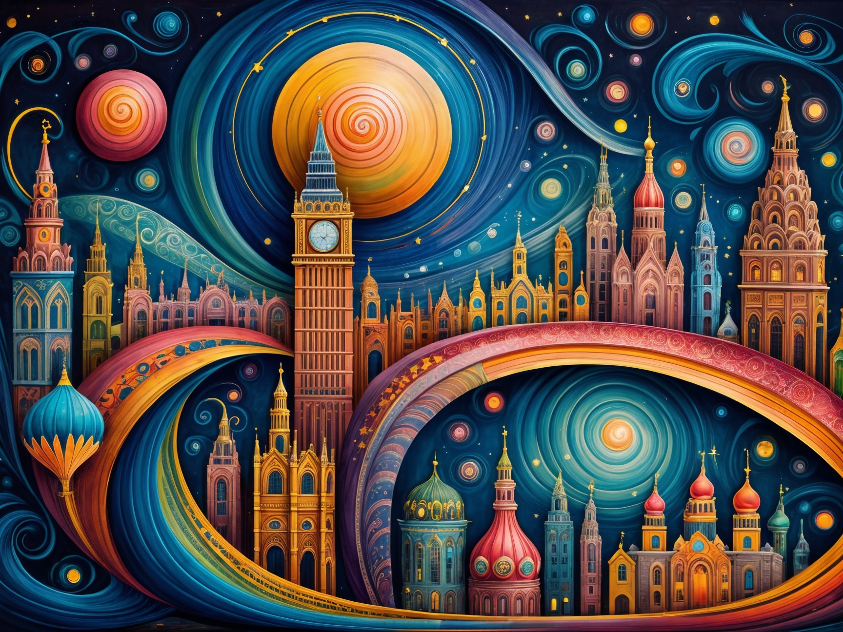 Vibrant Nightscape with Global Architectural Elements