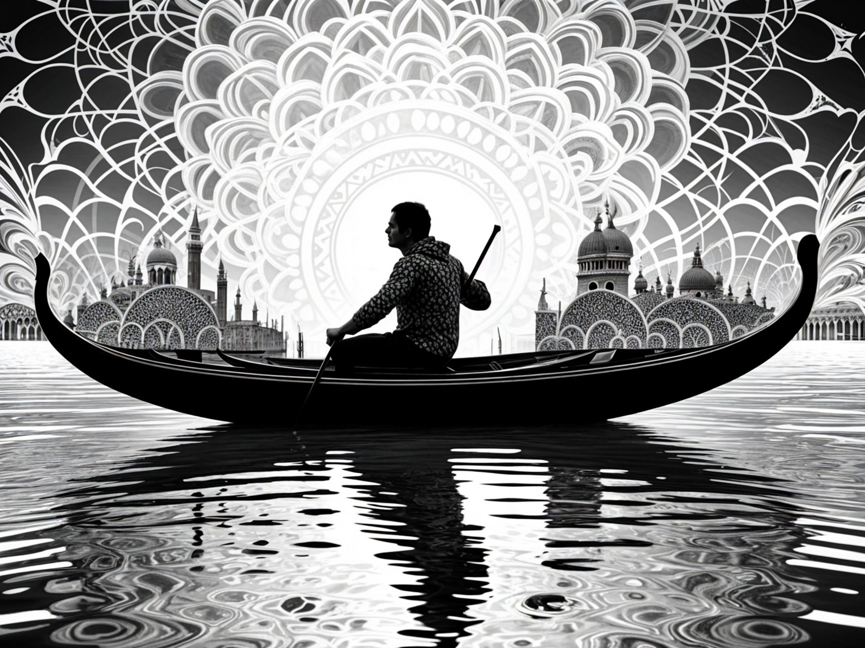 Solitary Gondola on Water with Mandala Patterns