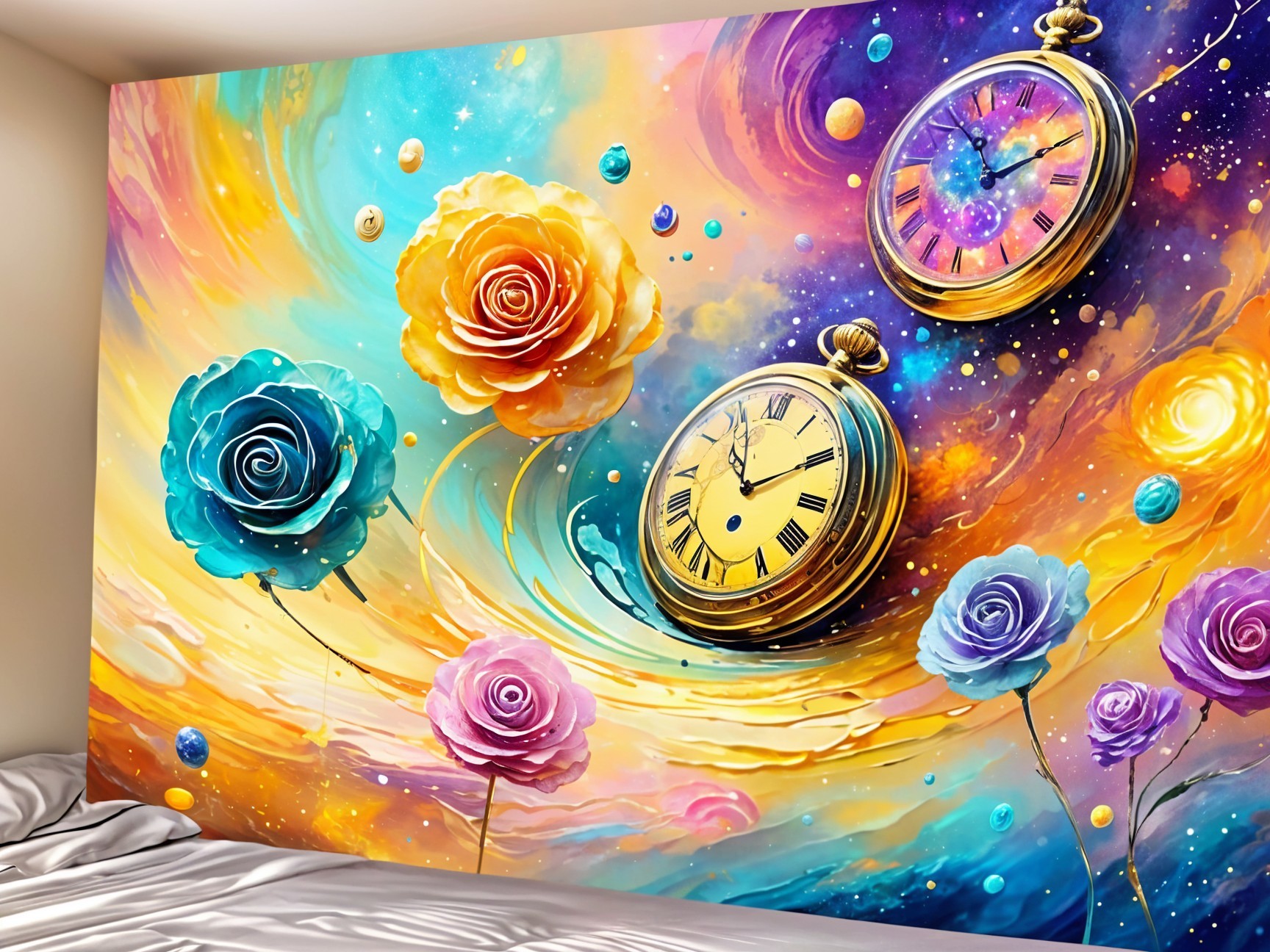 Vibrant mural with cosmic colors and ornate clocks