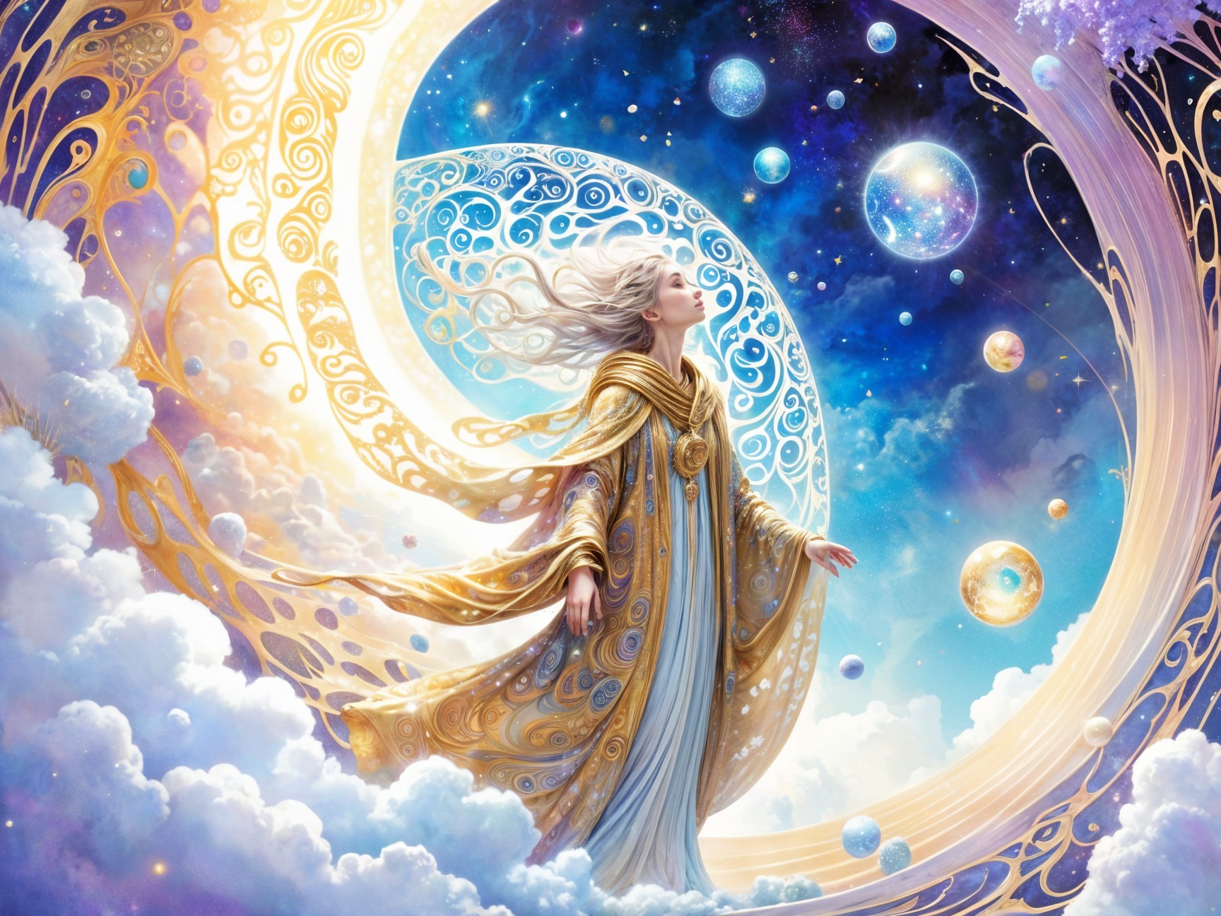 Serene figure in golden robe among ethereal clouds