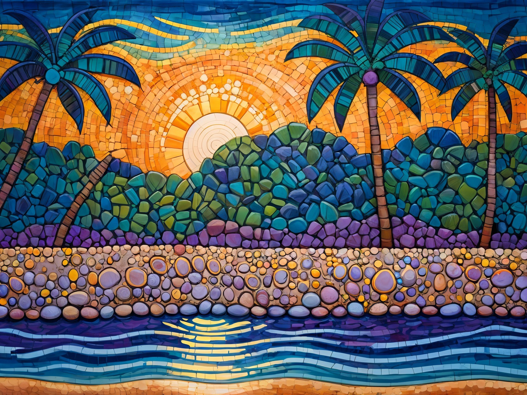 Vibrant Mosaic Landscape with Sunrise Over Hills