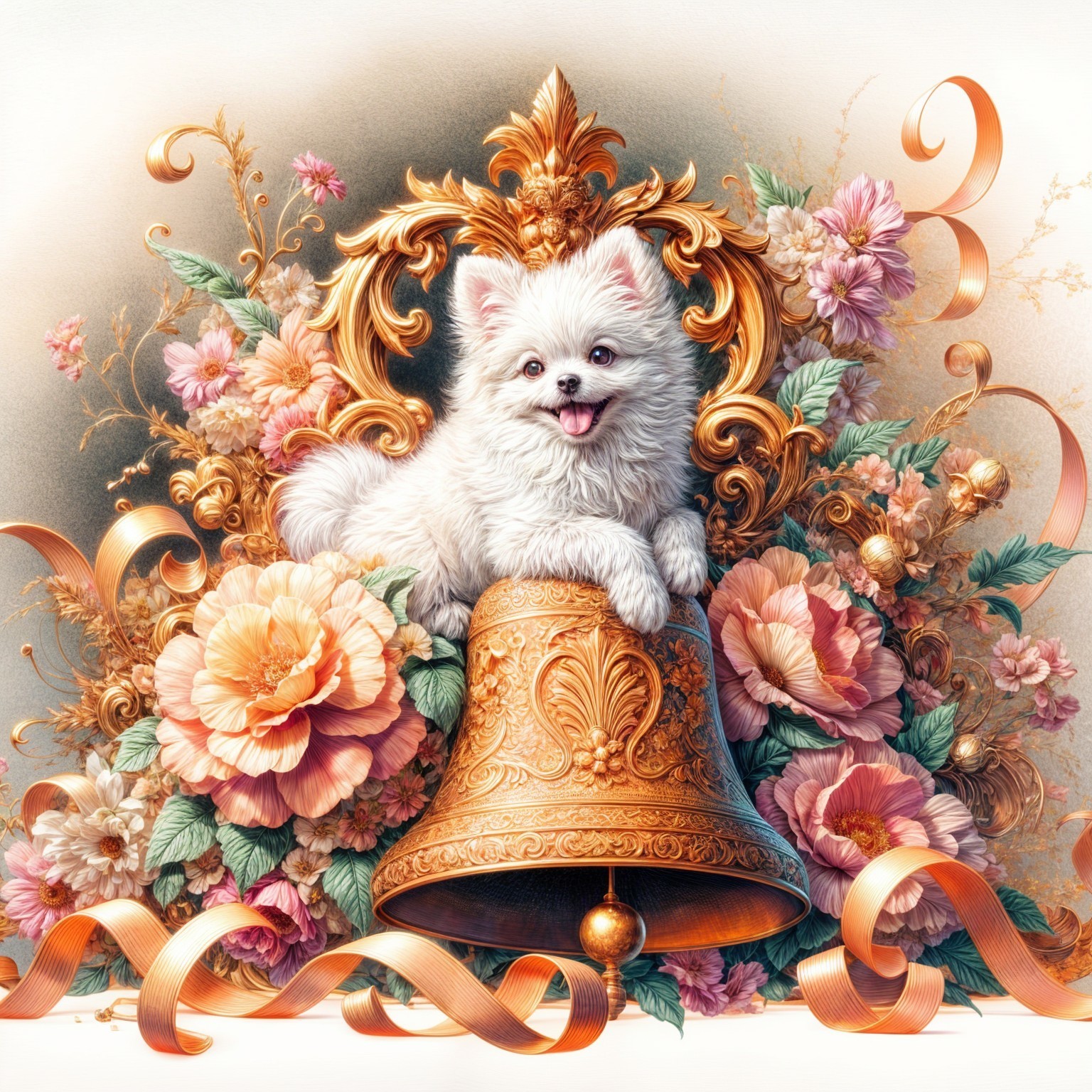 Fluffy Pomeranian Puppy on Golden Bell with Flowers