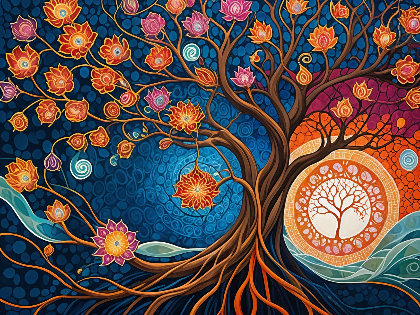 Abstract Tree with Colorful Leaves and Mandala Design
