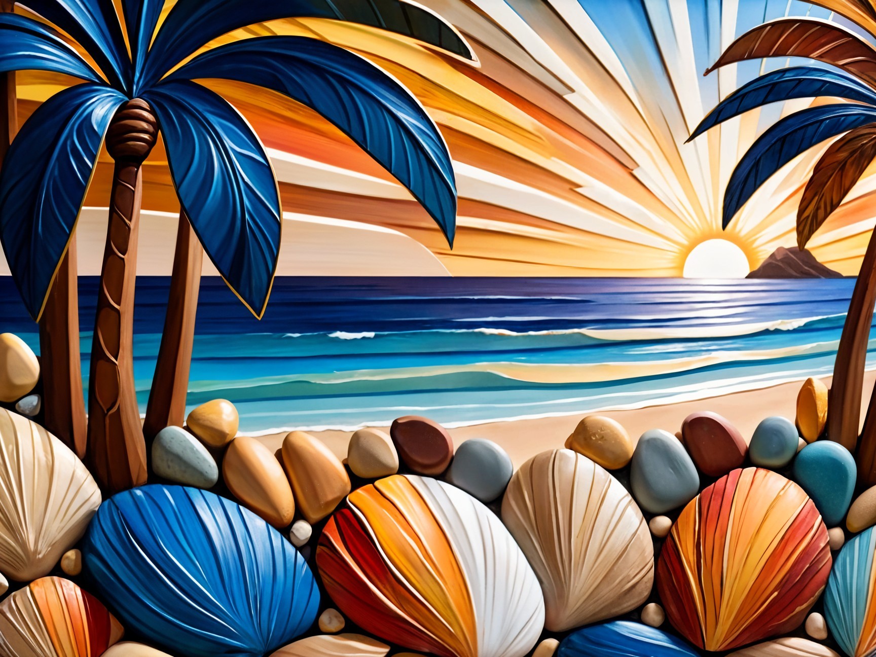 Vibrant Tropical Beach Scene with Palm Trees and Sunset