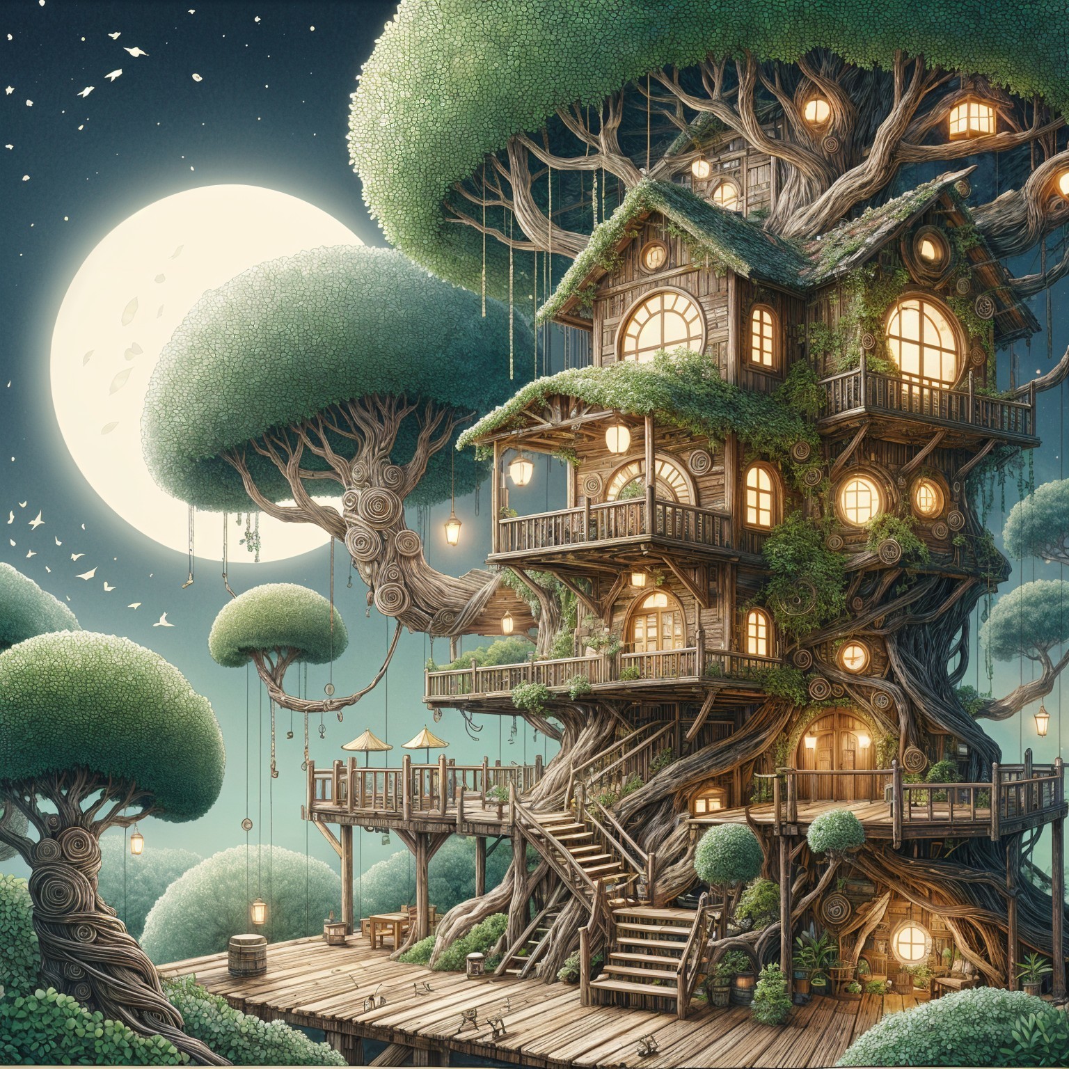Whimsical Treehouse in a Vibrant Woodland Setting