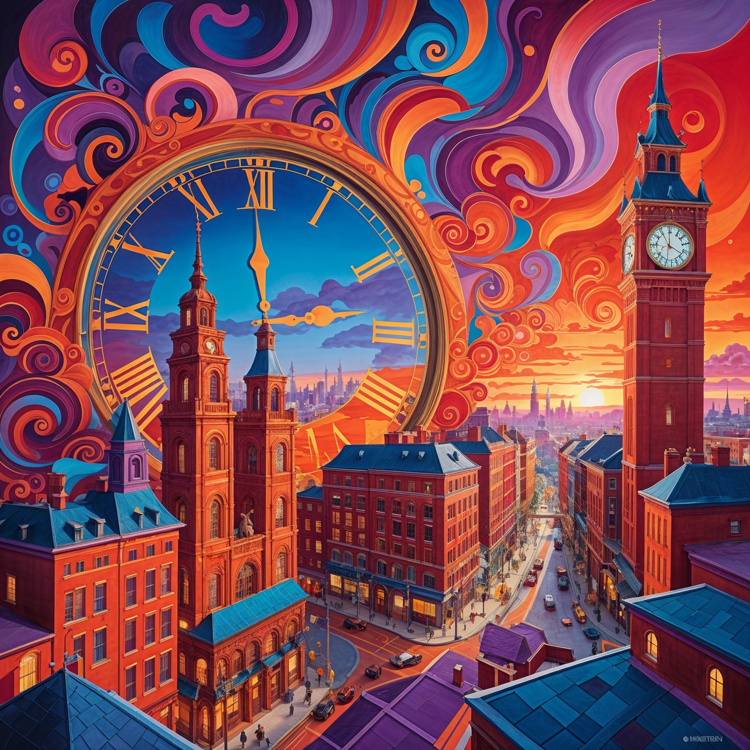 Vibrant cityscape at sunset with decorative clock
