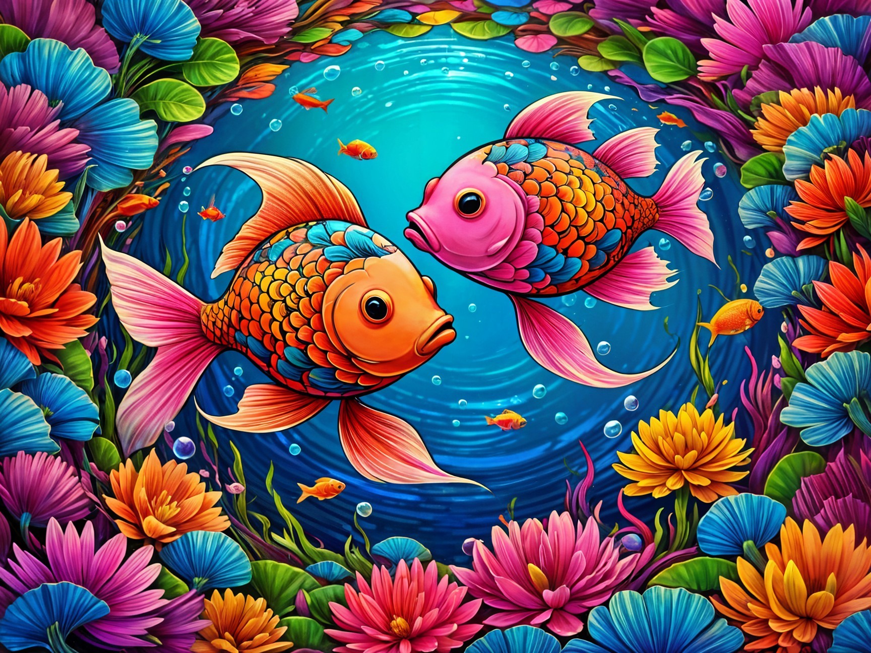 Underwater Scene with Goldfish and Colorful Flora