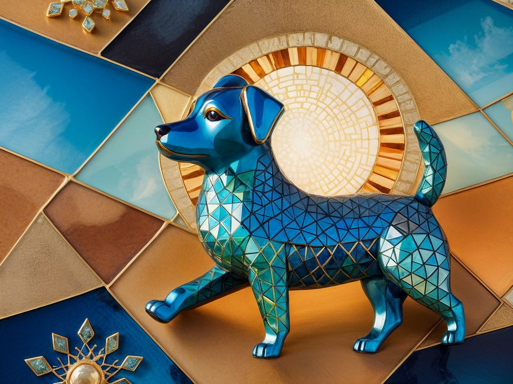 Vibrant Blue Dog Figurine with Geometric Background