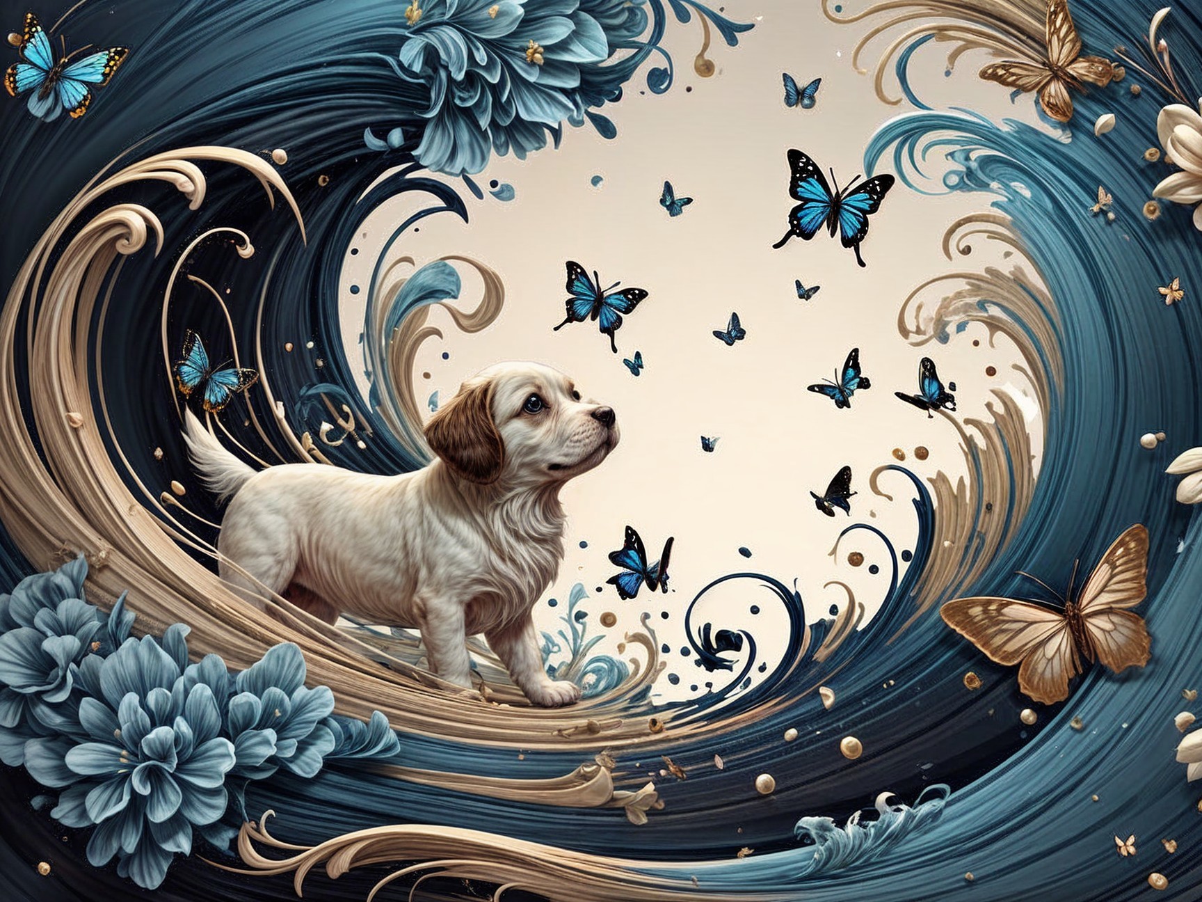 Playful Puppy in a Whimsical Floral Landscape