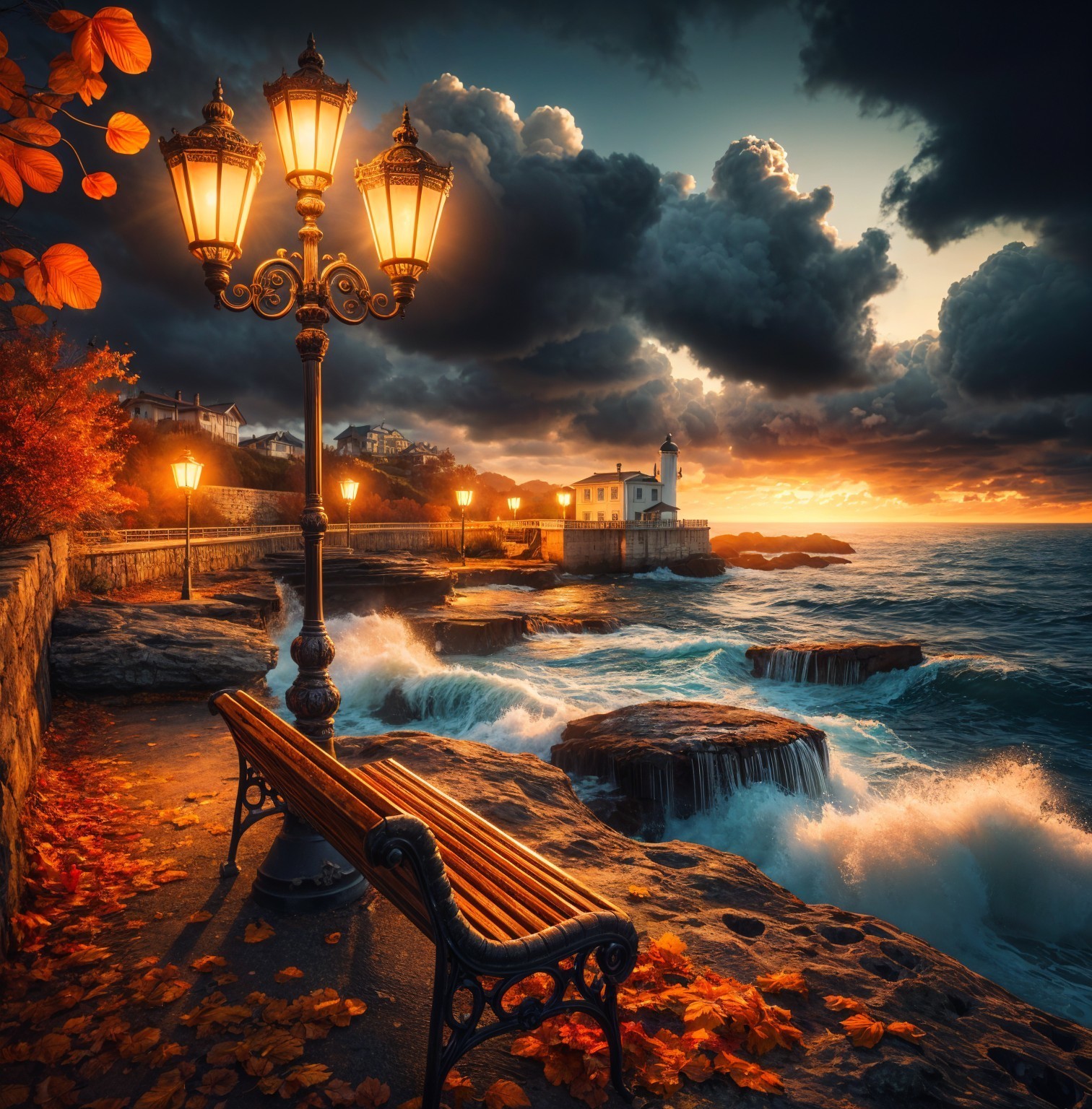 Coastal Dusk Scene with Bench and Lighthouse