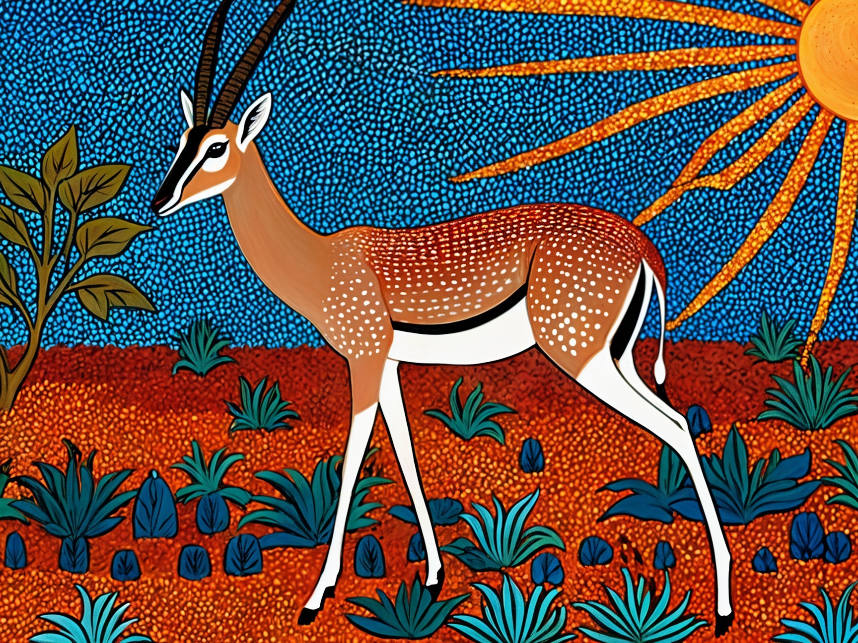 Stylized Antelope Painting with Bright Colors and Patterns