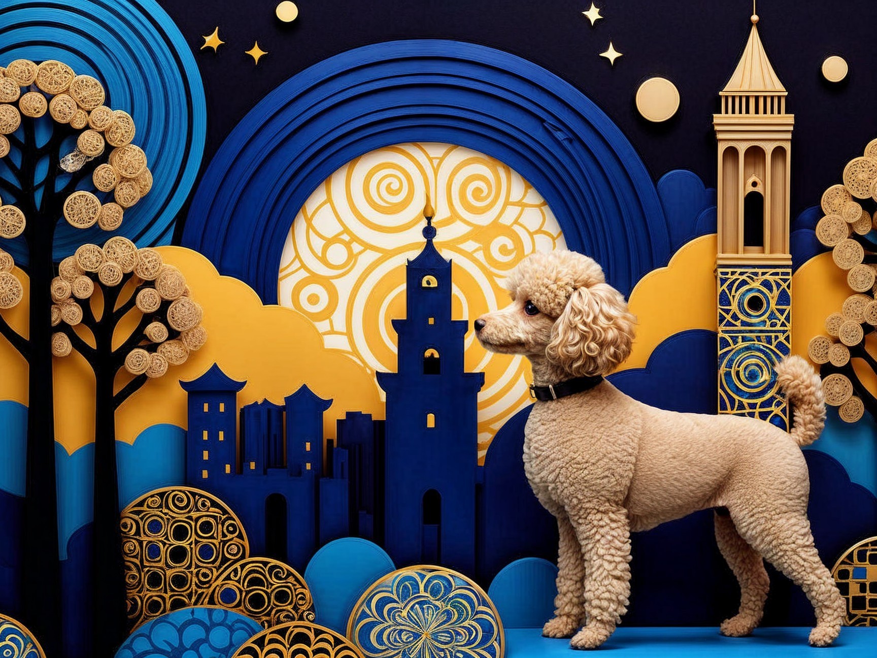 Cream Poodle Against Vibrant Layered Paper Art Backdrop