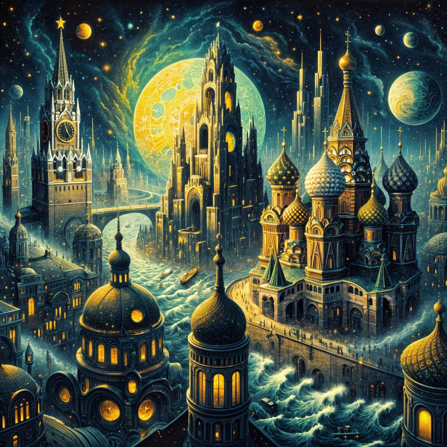 Fantastical cityscape with ornate towers and galaxies
