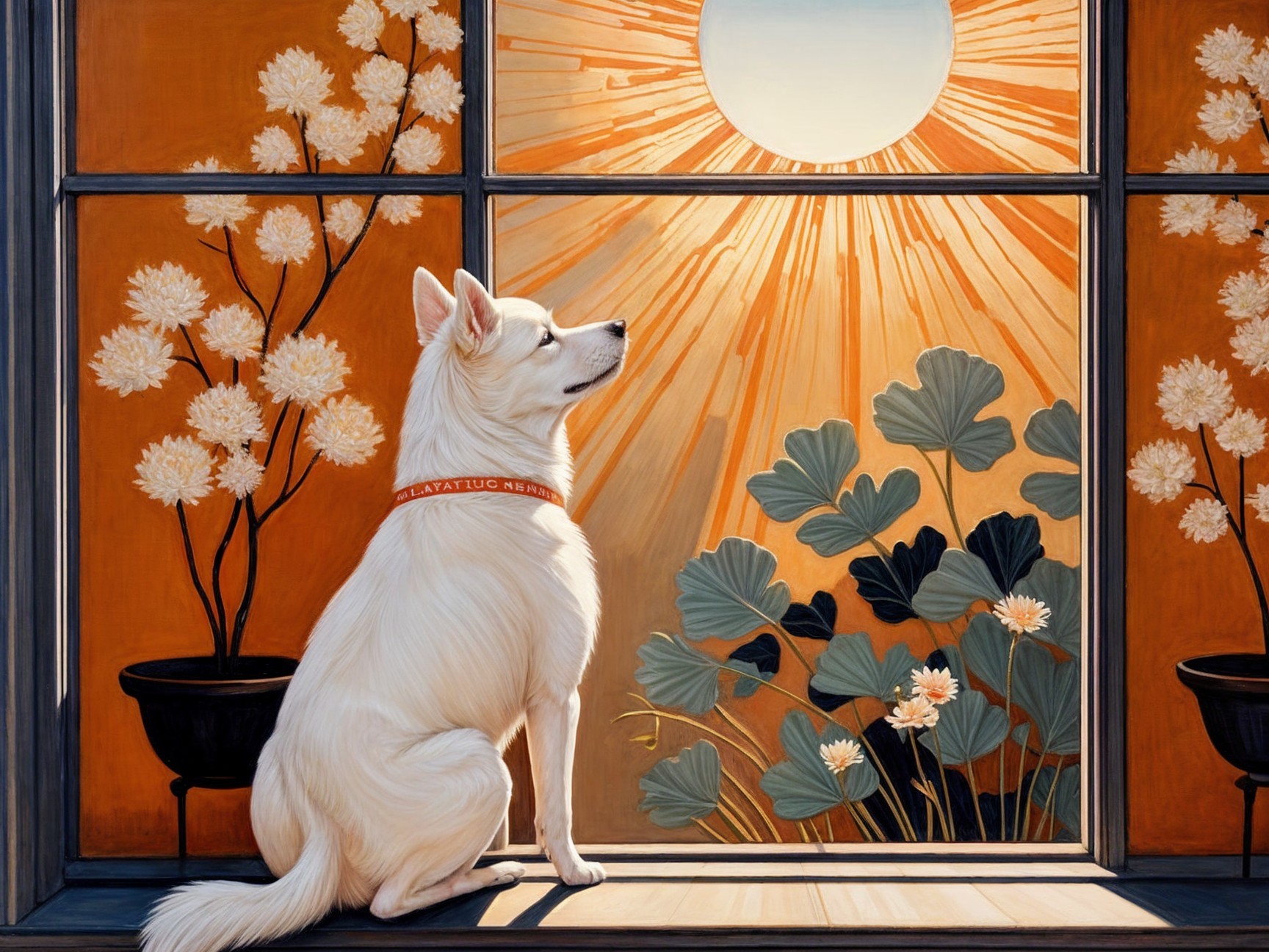 White Dog by Window with Lush Outdoor View