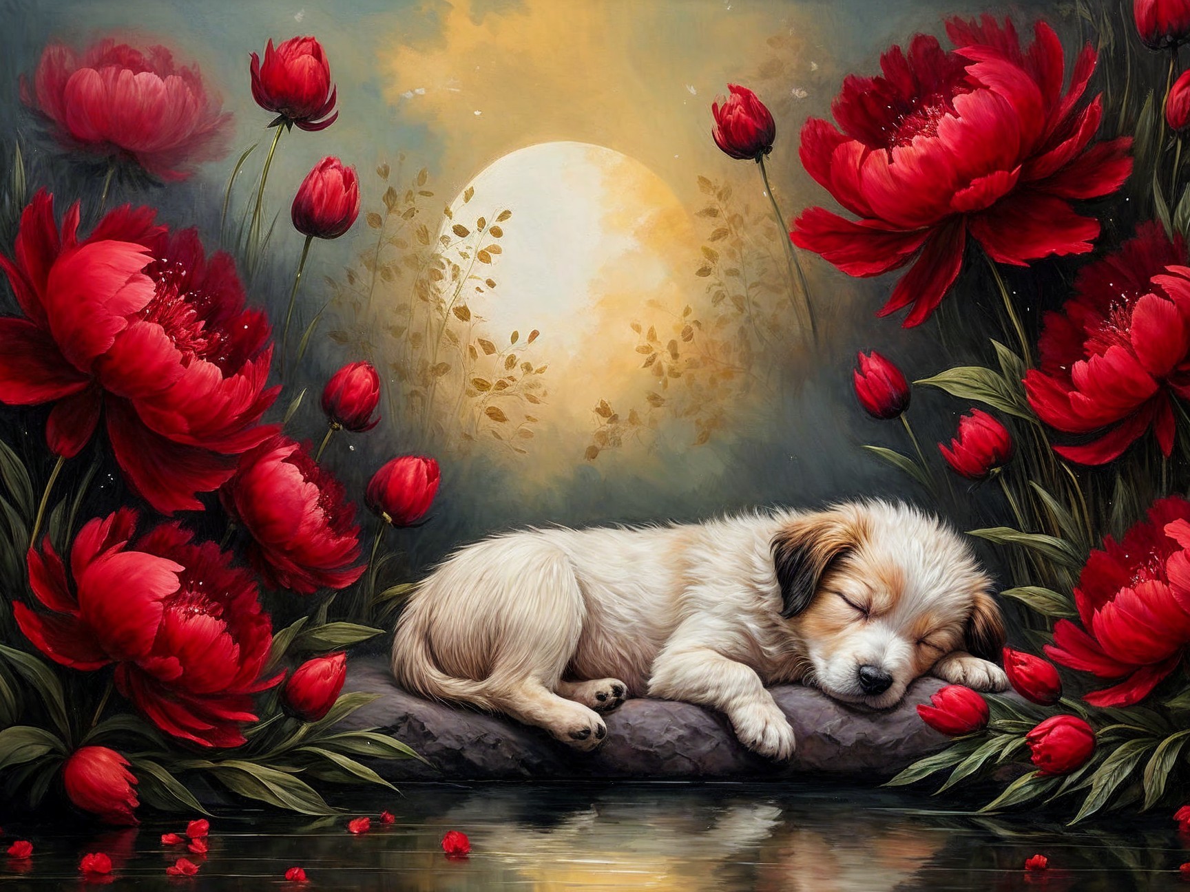 Puppy Sleeping Among Peonies and Moonlight