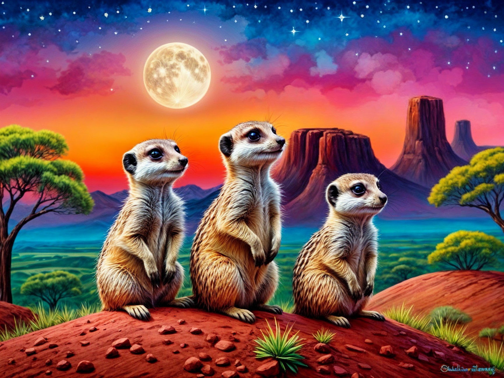 Meerkats on Hill Under Vibrant Sunset Sky