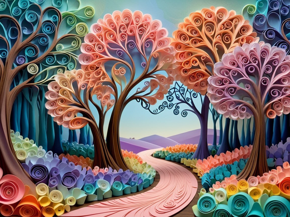 Whimsical Landscape with Colorful Trees and Garden