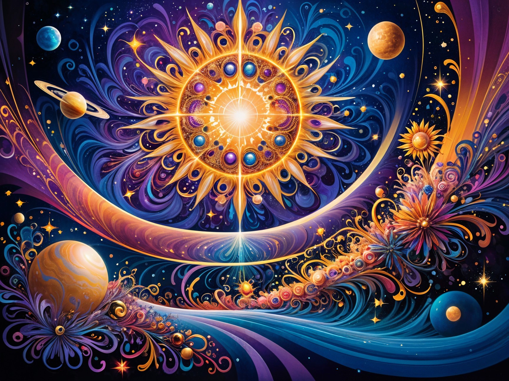 Vibrant Cosmic Scene with Celestial Patterns and Colors