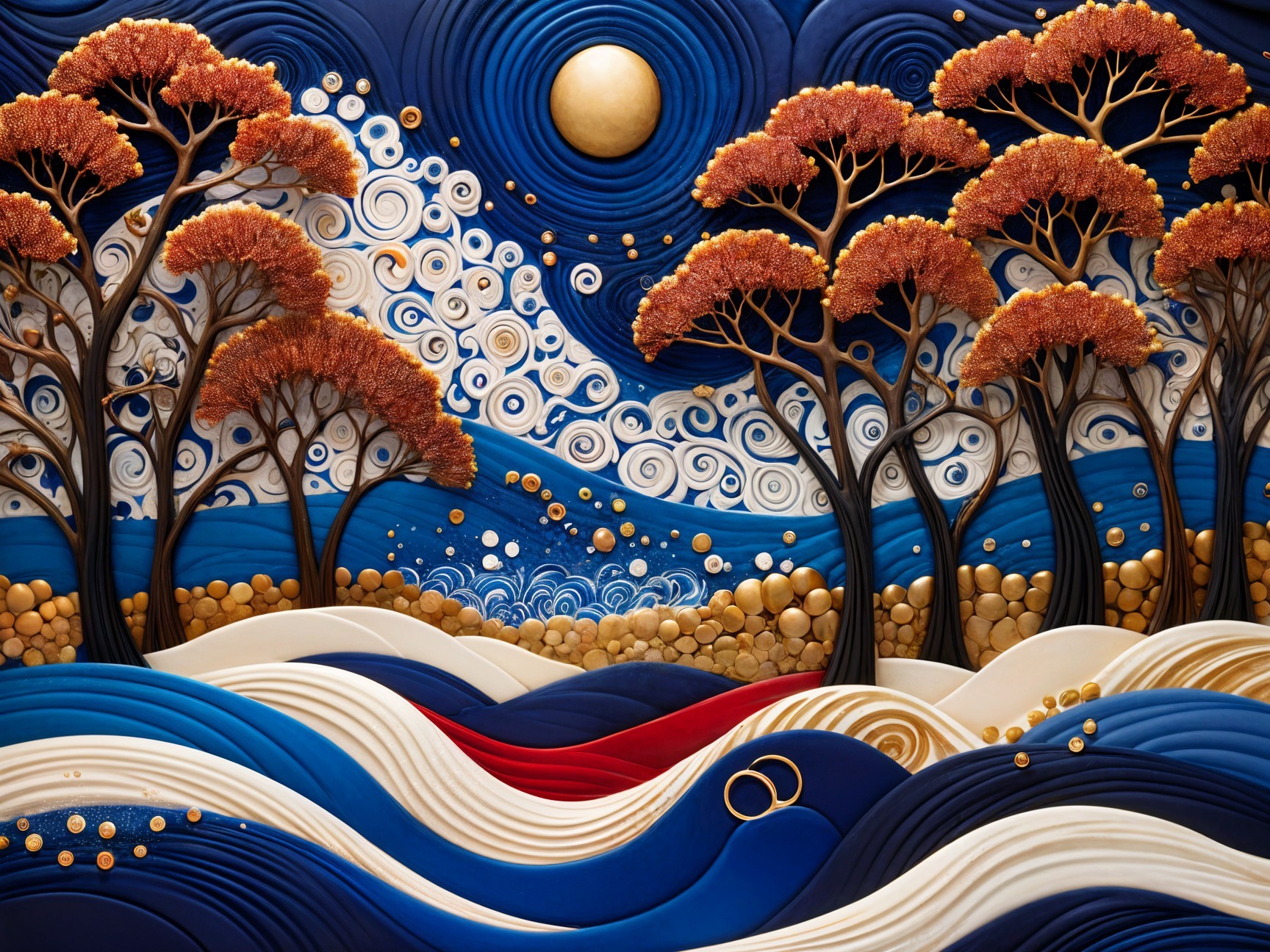 Enchanting Scene of Waves and Colorful Foliage
