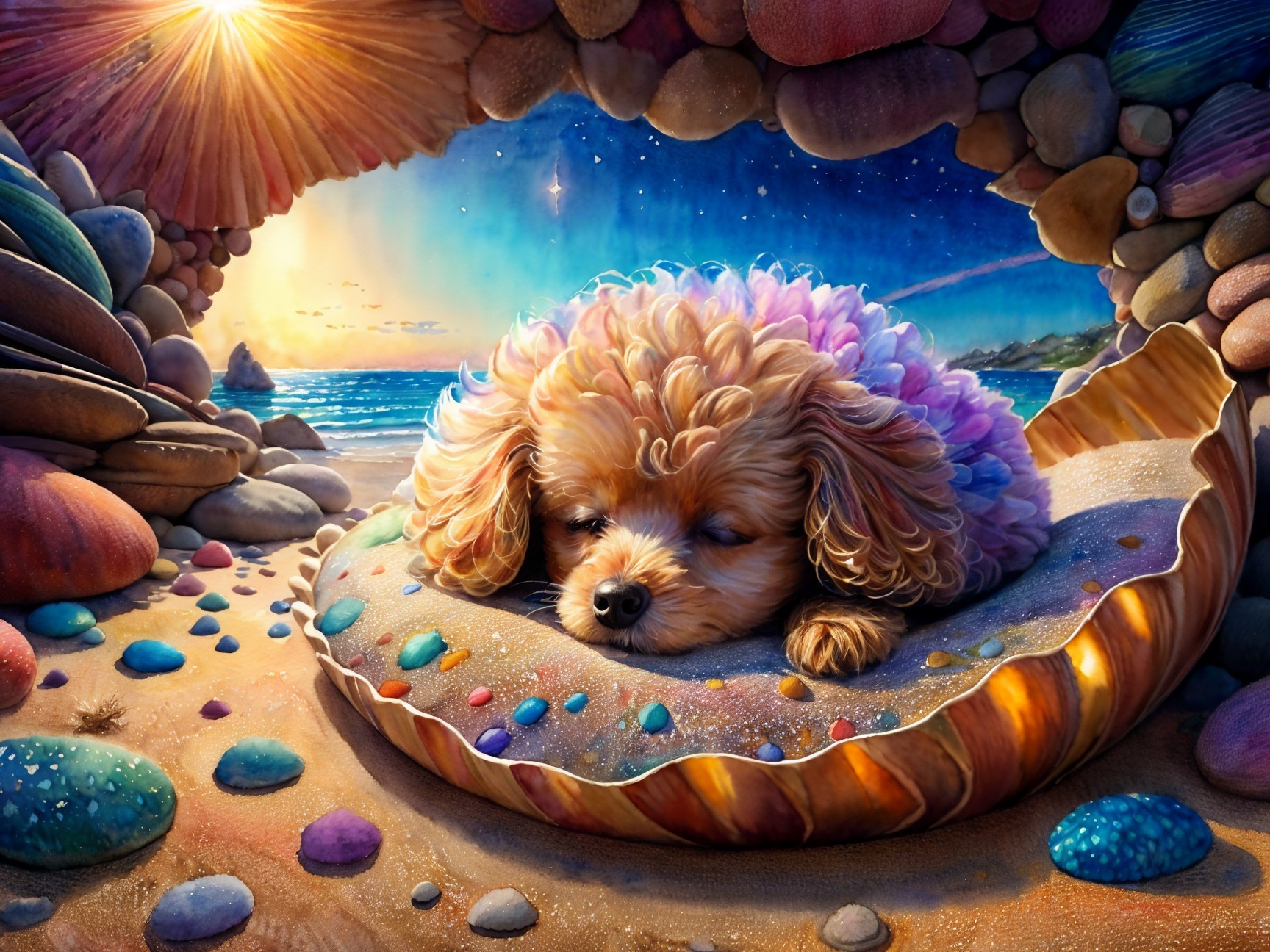 Dreamy Poodle on Colorful Cushion in Beach Cave