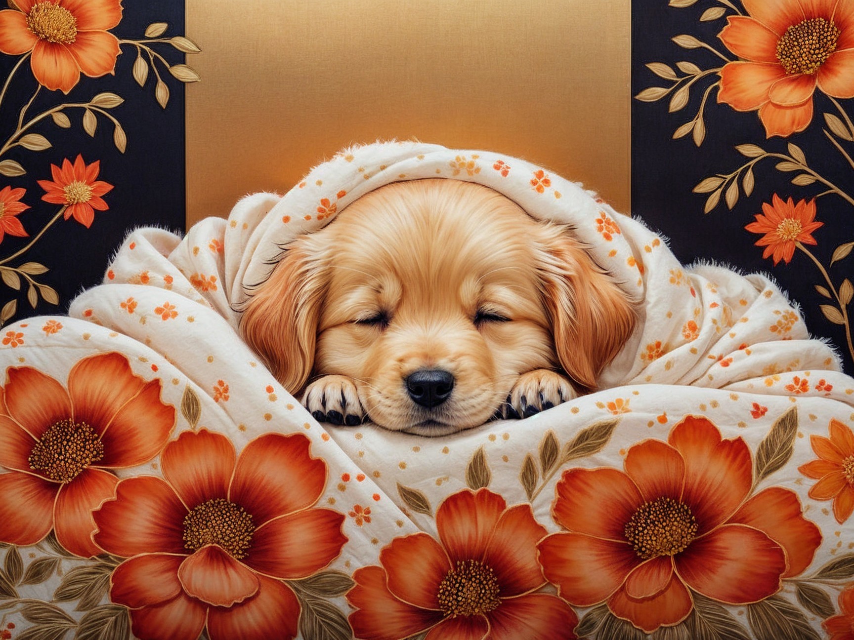 Golden Retriever Puppy Sleeping in Cozy Blanket