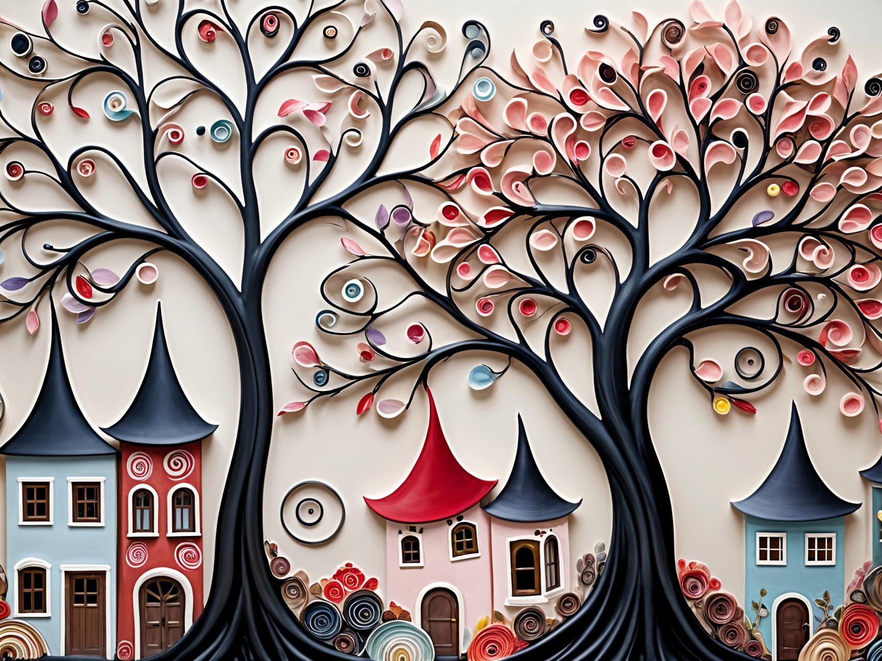 Whimsical Trees and Colorful Houses in Playful Scene