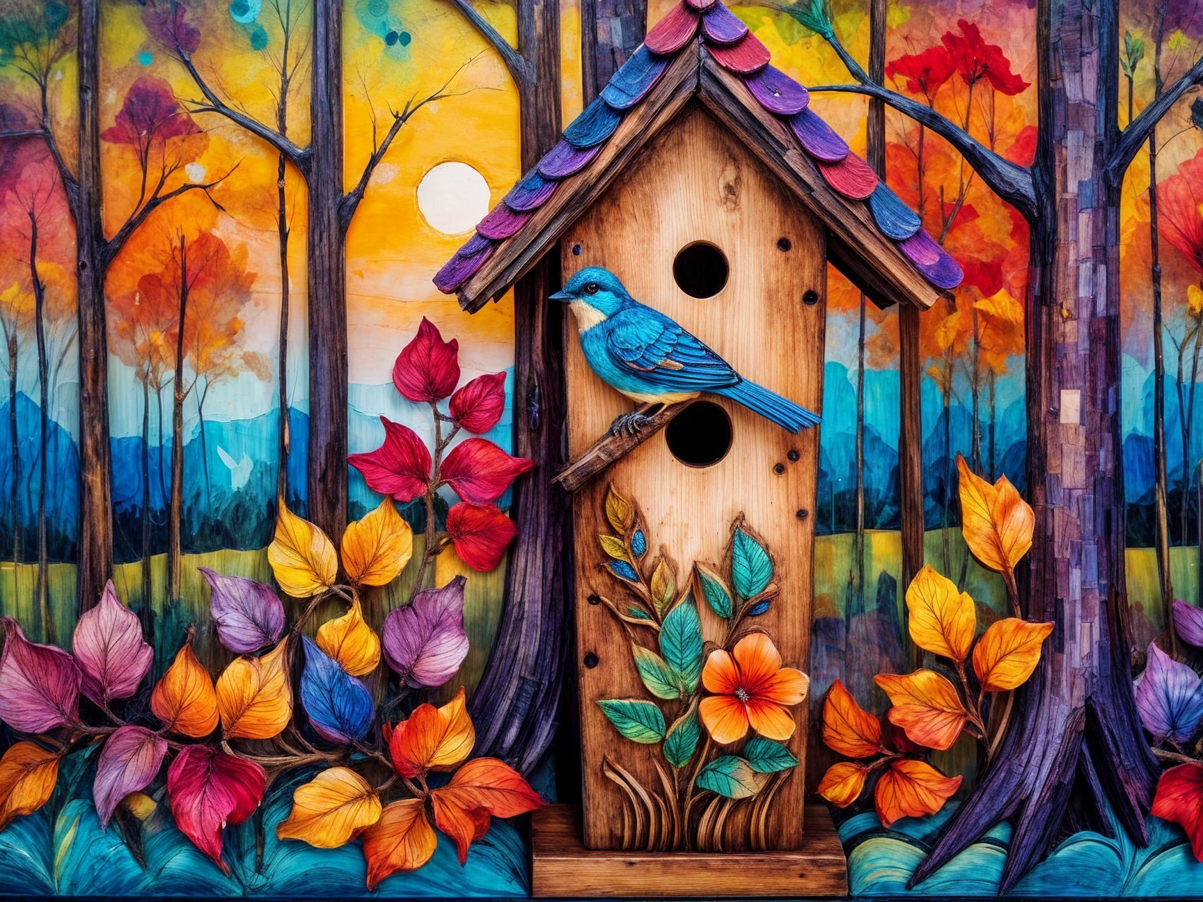 Vibrant Autumn Landscape with Birdhouse and Sunset
