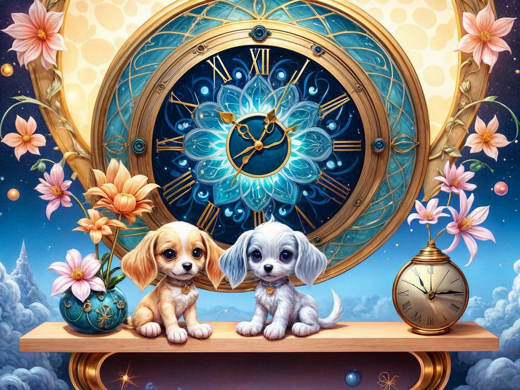 Puppies on Shelf with Flowers and Ornate Clock
