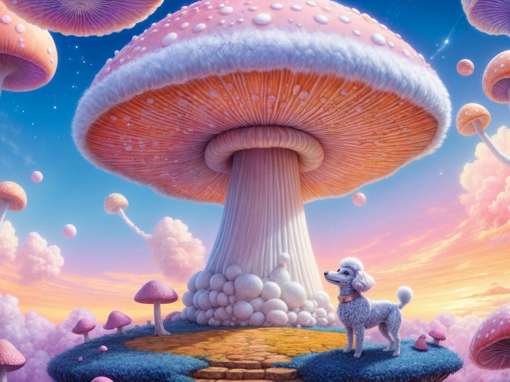 Whimsical Landscape with Giant Pink Mushroom and Poodle