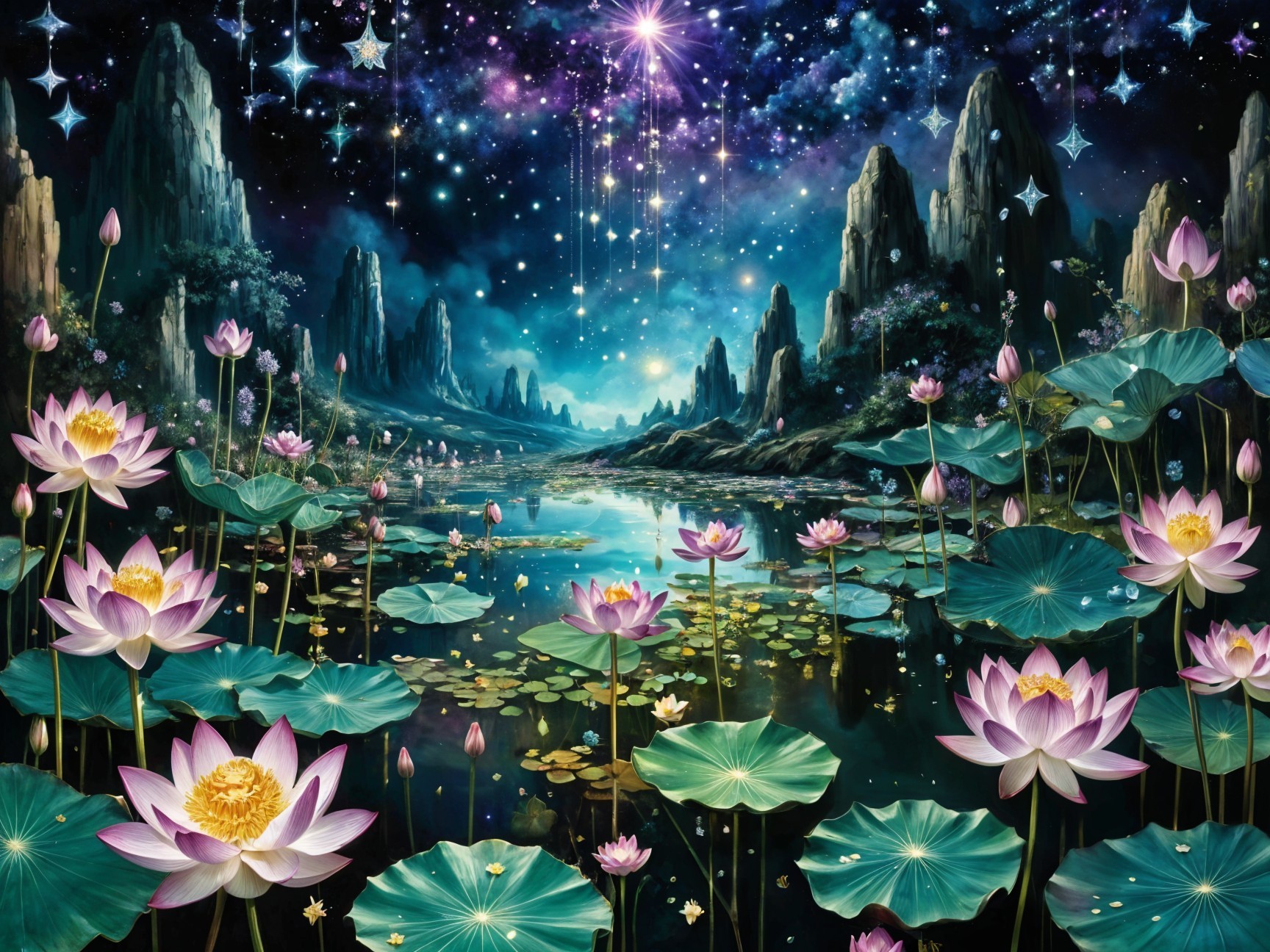 Surreal Landscape with Lotus Lake and Mountains