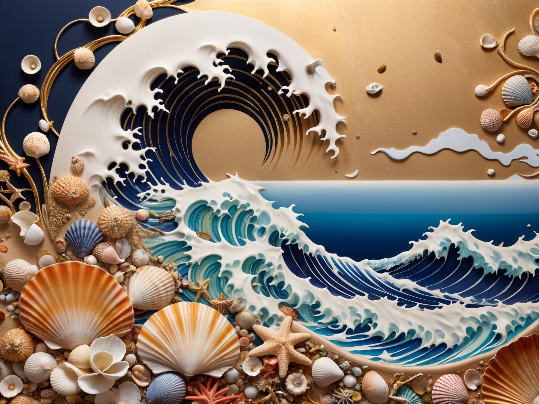 Dynamic Ocean Scene with Stylized Wave and Seashells