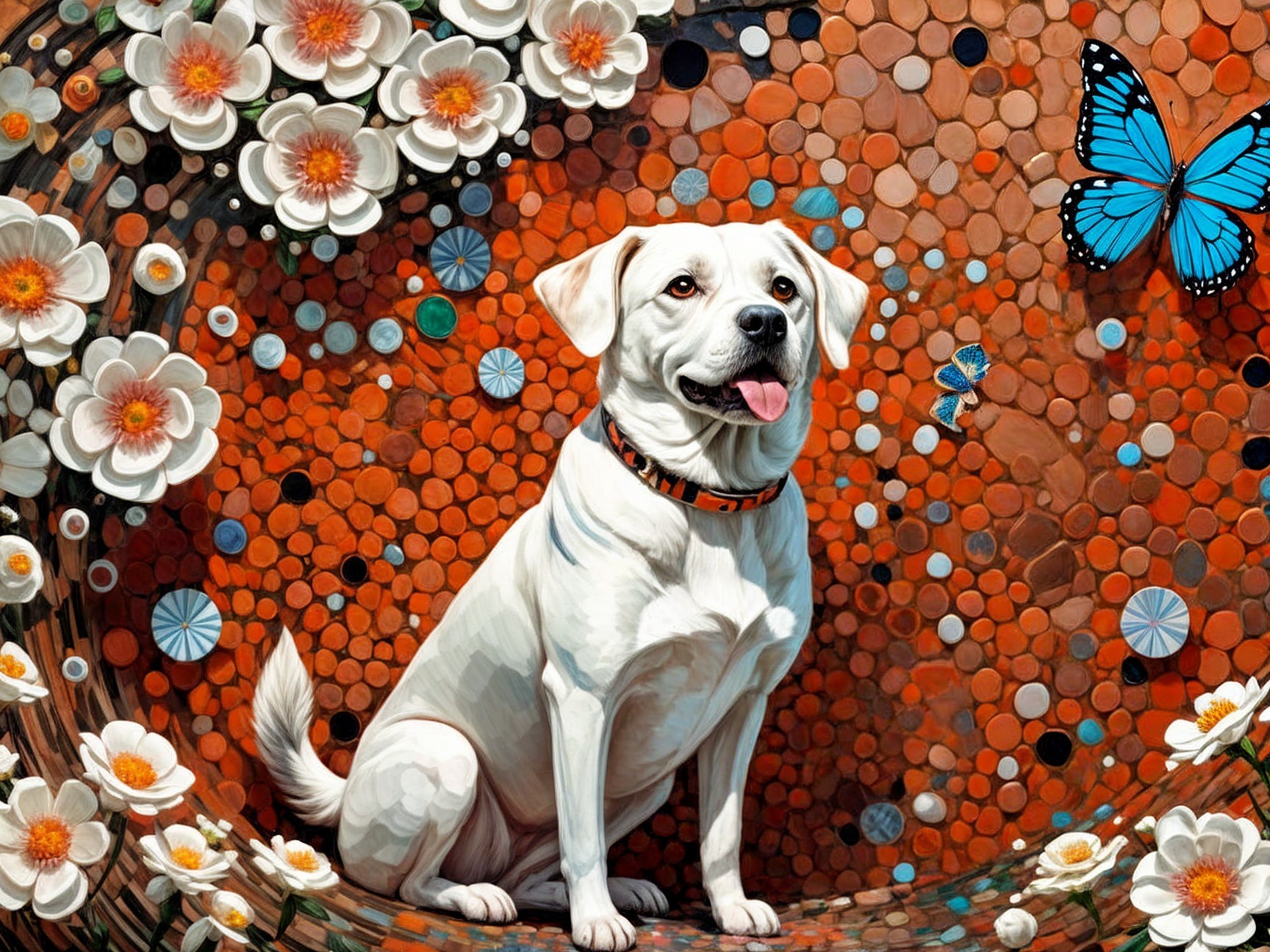 White Dog Against Colorful Mosaic Background