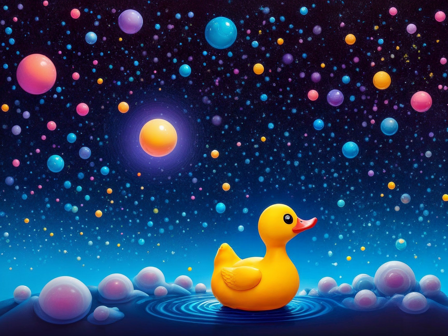 Yellow Rubber Duck on Cosmic Water Background
