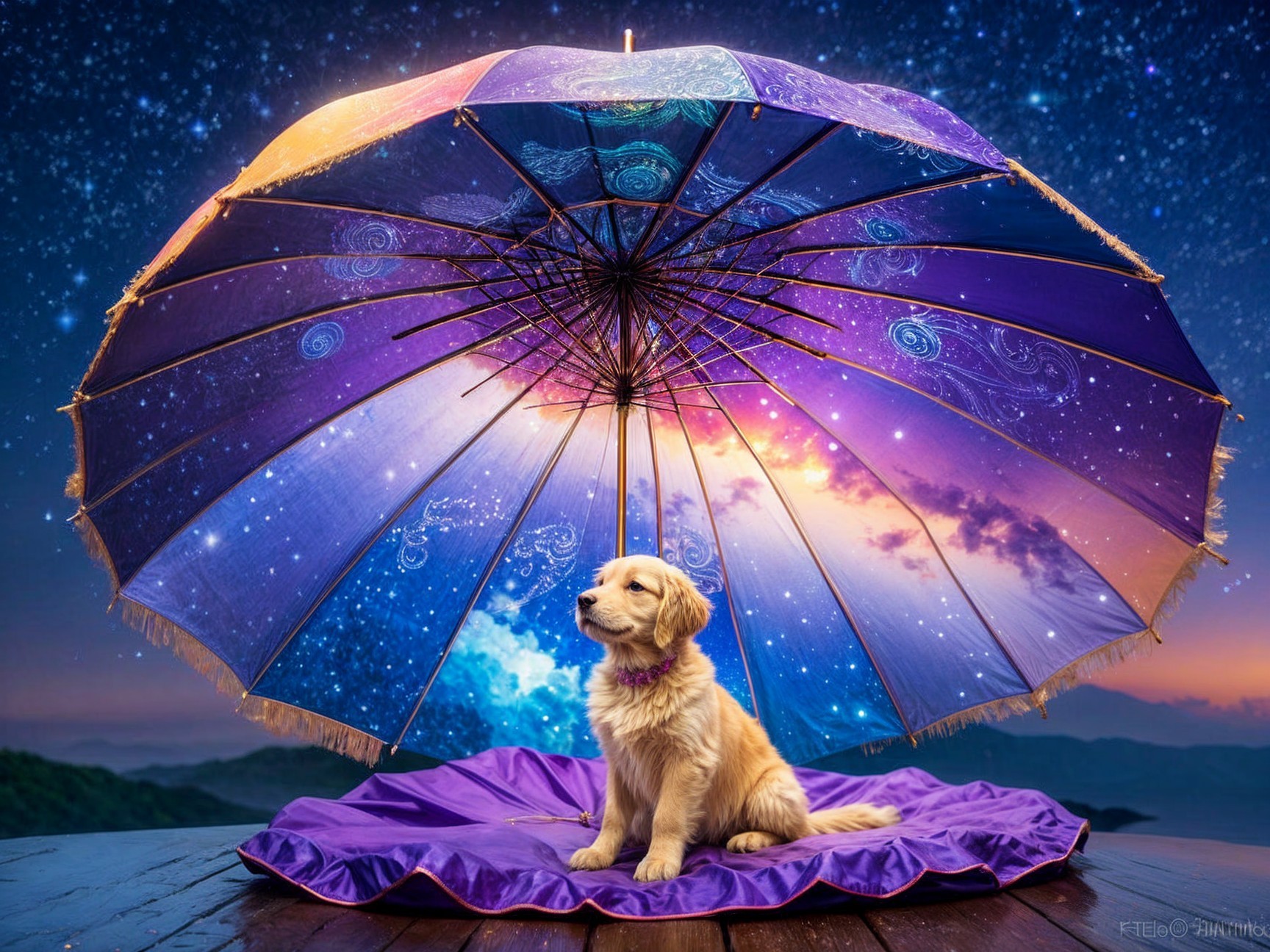 Golden Retriever Puppy Under Cosmic Umbrella