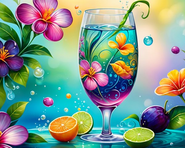 Vibrant Illustration of Blue Drink with Floral Designs